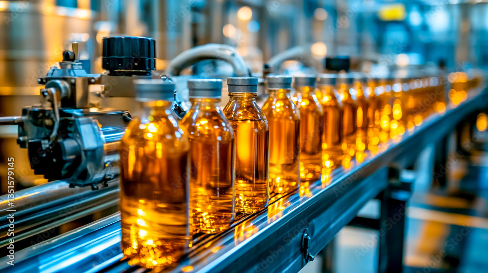 Glass bottles moving along a conveyor belt on a high-quality automatic vertical filling machine in a factory production line, showcasing efficient manufacturing and packaging process Glass bottles moving along a conveyor belt on a high-quality automatic vertical filling machine in a factory production line, showcasing efficient manufacturing and packaging process