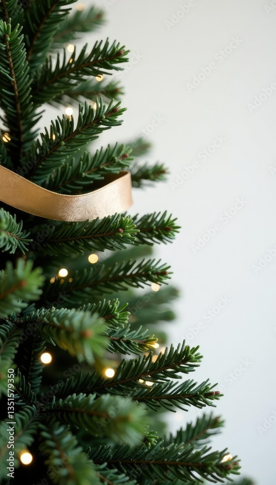 Decorated Christmas tree with simple ribbon garland, minimalist, winter, greenery Decorated Christmas tree with simple ribbon garland, minimalist, winter, greenery