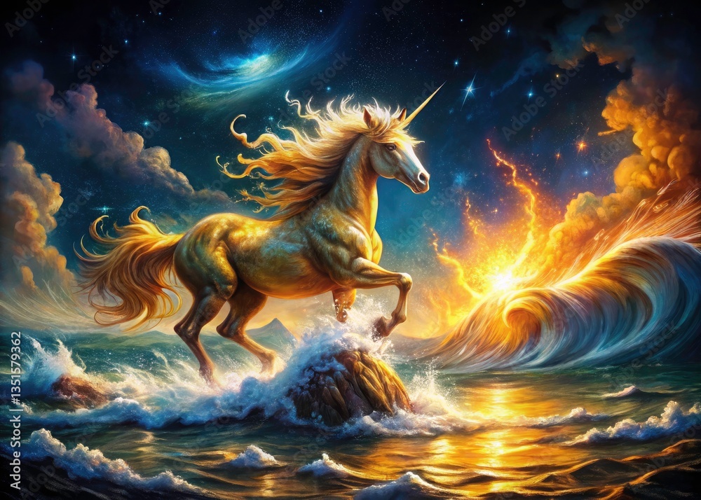 Majestic Golden Unicorn Panoramic Fantasy Art: Starry Night Ocean Waves Majestic Golden Unicorn Panoramic Fantasy Art: Starry Night Ocean Waves