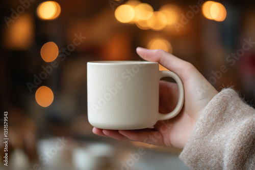 Hand holding a minimalist ceramic mug with a smooth matte glaze, blurred background with warm cafe ambiance.