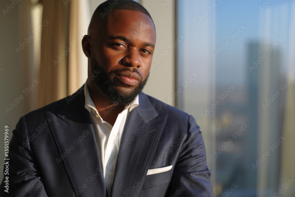 Young professional in navy suit with white open-collar shirt looking to side with pensive expression, standing in front of large windows with city view. Young professional in navy suit with white open-collar shirt looking to side with pensive expression, standing in front of large windows with city view.