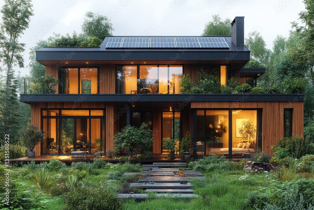 Naklejka premium Modern solar home in forest at dusk, lit interior, green roof