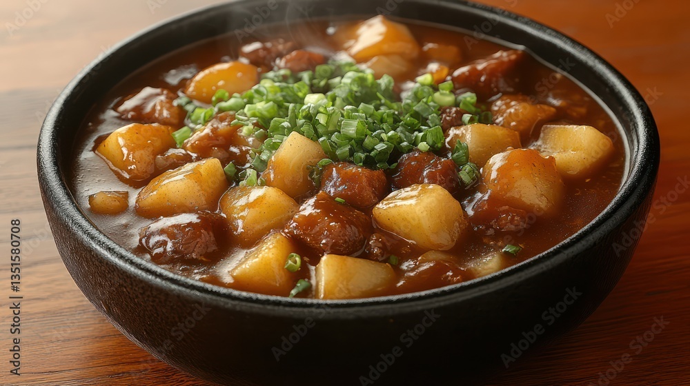 Steaming Beef and Potato Curry in Bowl Steaming Beef and Potato Curry in Bowl