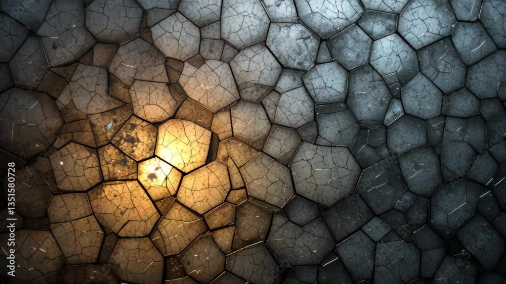 Abstract Mosaic Texture With Orange and Blue Colors and Illuminated Sparkling Light Particles