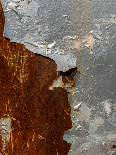 Weathered Steel Rusty Wall With Peeling Silver Paint. Silver Old Paint Peeling Off In Flakes From Old Rusty Metal Wall. Corroded Metal Surface With Traces Of Old Paint.