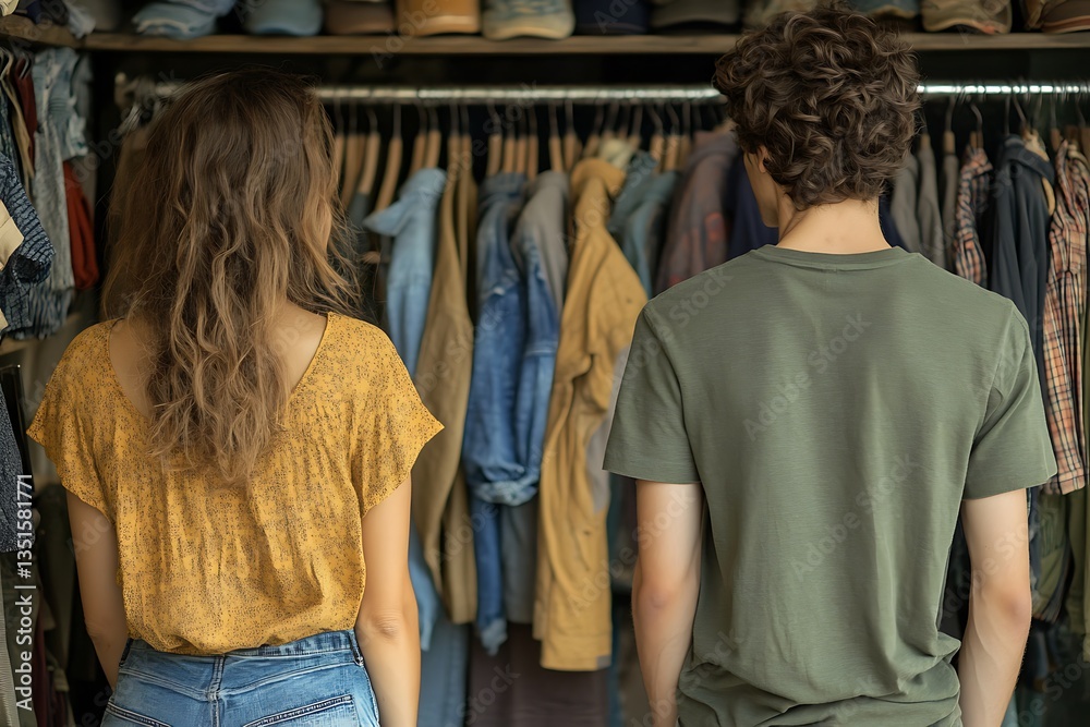 Two people standing in front of an open closet looking at clothes Two people standing in front of an open closet looking at clothes