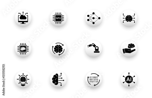 Set of solid vector icons with NPU, artificial intelligence, digital brain, edge computing, machine learning icons.