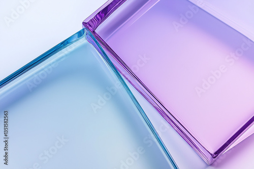 Abstract 3d macro background with crystal glass holographic transparent cube blocks render. Purple blue square plate shapes with rainbow light prism effect, hologram gradient texture. 3D illustration