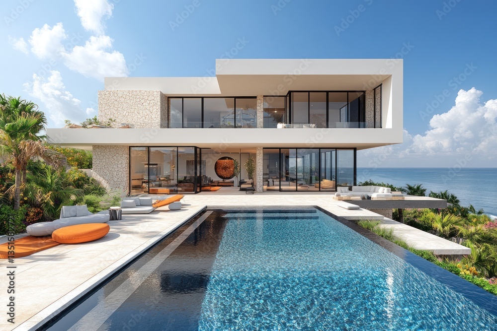 Fototapeta premium Modern oceanside villa with pool, coastal view, sunny day