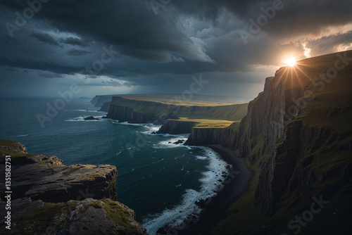 Dramatic coastal cliffs bathed in the golden light of a setting sun, a breathtaking display of nature's power and beauty under a brooding sky.