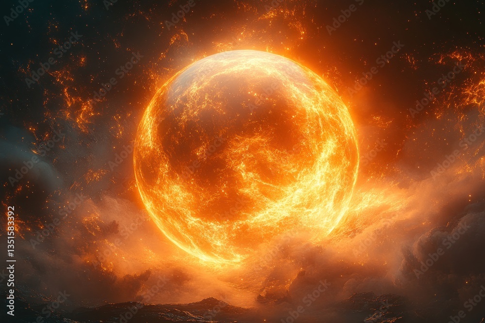 Obraz premium Burning planet rising above cloudy, fiery landscape, apocalyptic scene