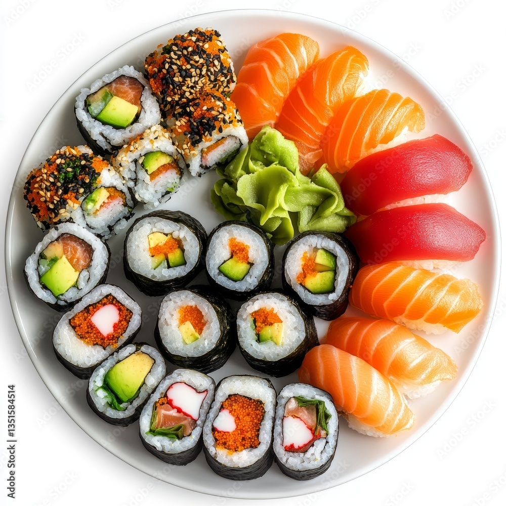 A beautifully arranged platter of sushi rolls featuring two distinct styles: seaweed-wrapped rolls filled with tuna and other ingredients, and rice-exterior rolls garnished with sesame seeds, cucumber