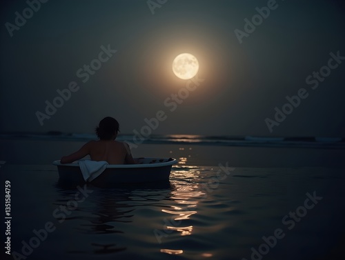 As the moon rises it casts a soft glow over the bather creating a tranquil atmosphere