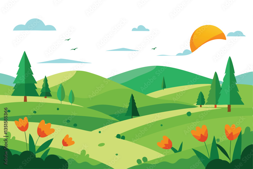 Naklejka premium Sunny Countryside Flat Design With Green Hills, Orange Tulips, Pine Trees & Light Clouds