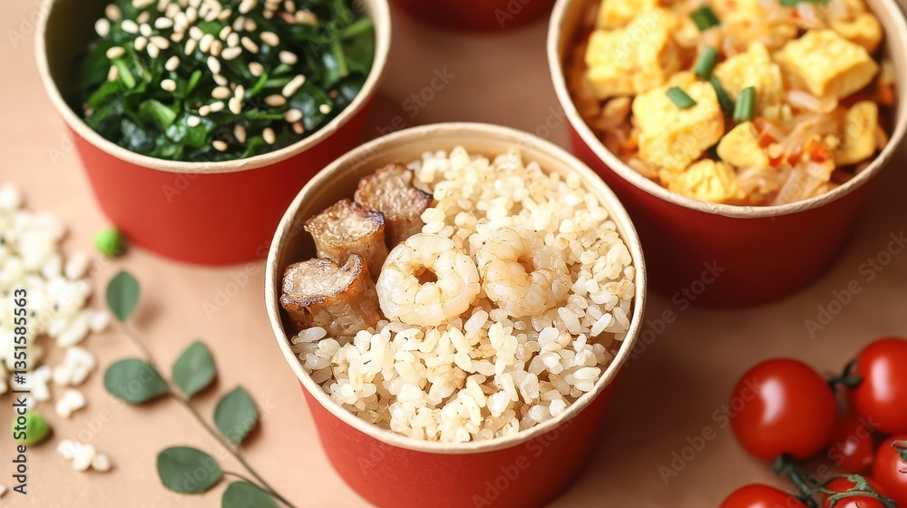 Enjoy a wholesome cooked meal! This vibrant bowl features rice, tomatoes, and green vegetables with sesame, grains forming a healthy food foundation. Enjoy a wholesome cooked meal! This vibrant bowl features rice, tomatoes, and green vegetables with sesame, grains forming a healthy food foundation.