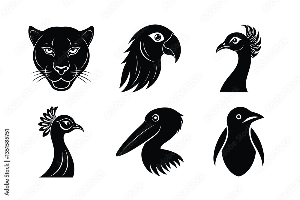 Fototapeta premium Various types of animal head silhouette vector illustration