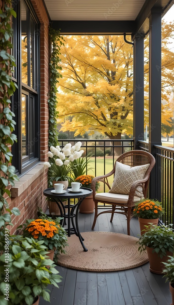 Fototapeta premium Low to medium angle shot of a cozy well-appointed porch on a sunny fall afternoon