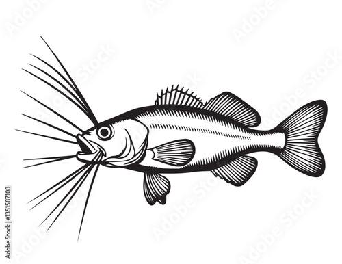 Detailed Vector Illustration of a Fish with Prominent Barbels, Line Art Style, Black and White, Isolated on White Background, Ideal for Aquatic and Fishing Themes.