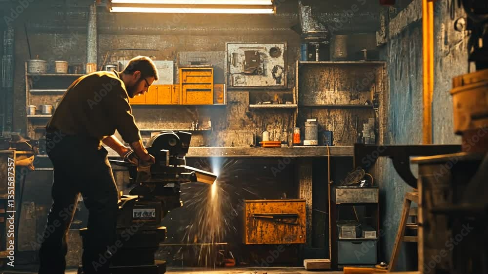 Man skillfully cutting metal with a chop saw in a workshop, sparks flying, industrial craftsmanship Man skillfully cutting metal with a chop saw in a workshop, sparks flying, industrial craftsmanship