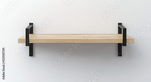 Simple 3D Render of a Minimalist Wooden Shelf with Black Metal Brackets and a Clean Background for Decor and Interior Design Ideas