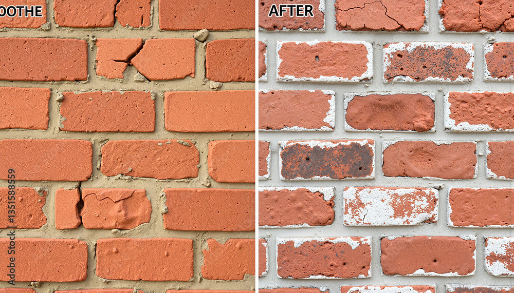 Obraz premium Before and after restoration of cracked brick wall, home improvement