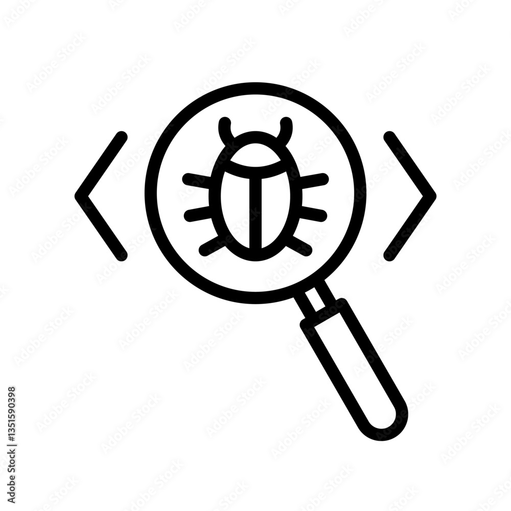 Code review for search and find a software bug line icon with magnifying glass and bug insect. Spyware antivirus check concept symbol. Editable stroke. Code review for search and find a software bug line icon with magnifying glass and bug insect. Spyware antivirus check concept symbol. Editable stroke.