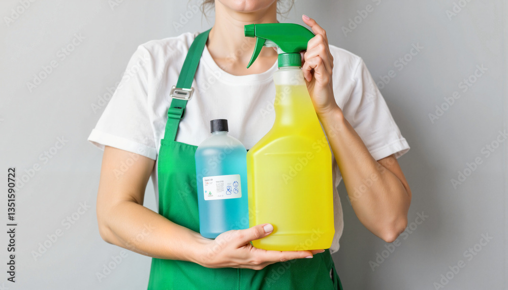 Eco-conscious carpet cleaner holding biodegradable solution, sustainability focus Eco-conscious carpet cleaner holding biodegradable solution, sustainability focus