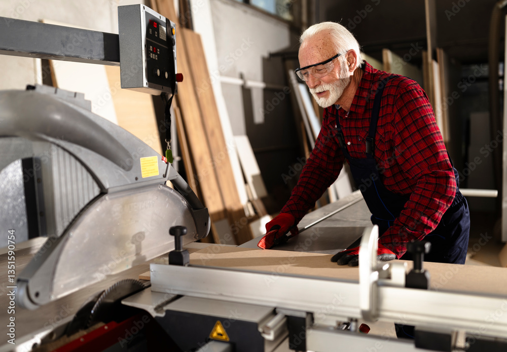 Elderly man working with a saw in a woodshop focusing on detail Elderly man working with a saw in a woodshop focusing on detail