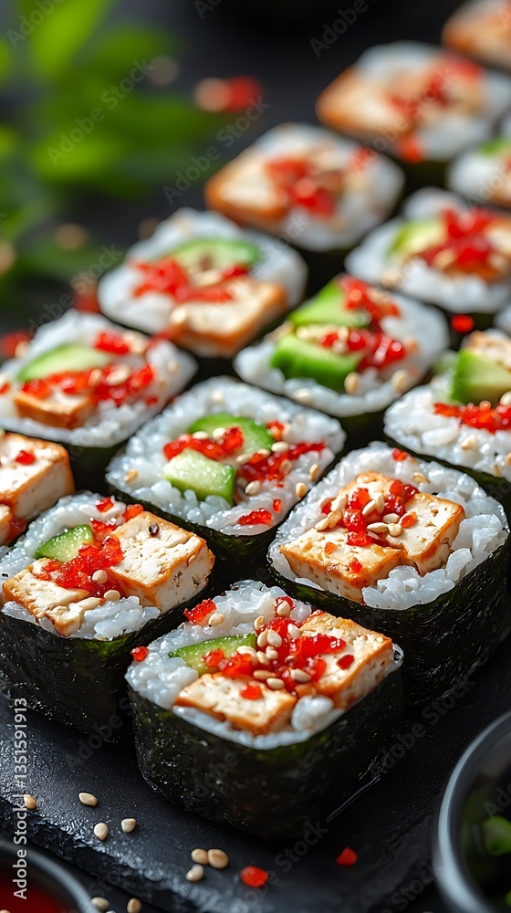 A delicious array of sushi pieces arranged on a dark surface A delicious array of sushi pieces arranged on a dark surface