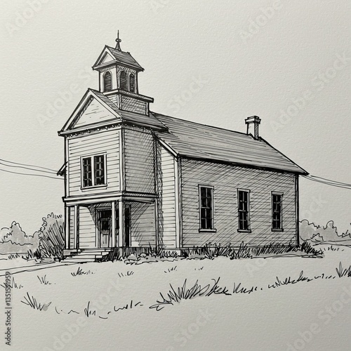 Generative AI Rural Schoolhouse Ink Drawing schoolhouse rural drawing ink black and white architecture building windows bell tower porch nostalgia education history simplicity
