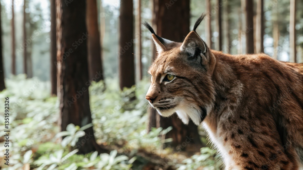 Fototapeta premium a majestic lynx gazing intently in a forest setting. The lynx showcases its distinctive features with tufted ears and spotted coat. 