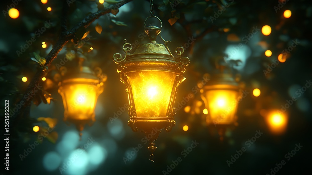 Three ornate lanterns illuminate within a blurry and dark surrounding