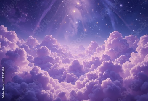Surreal purple clouds under a starry sky