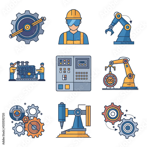 2d vector illustration colorful machine , worker and Industry and its development technology, factories and production lines icon
