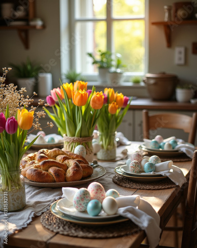 A cozy, sunlit kitchen table set for Easter with tulips, braided bread, and pastel-colored eggs.