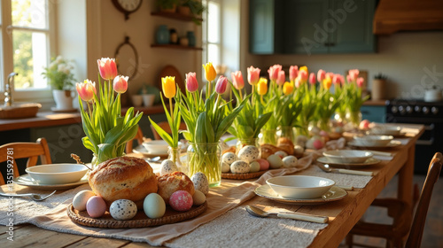 A cozy, sunlit kitchen table set for Easter with tulips, braided bread, and pastel-colored eggs.