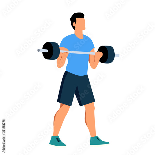 Illustration of a man lifting a barbell in a gym workout. Represents fitness, strength, and bodybuilding. Perfect for sports, training, and healthy lifestyle designs