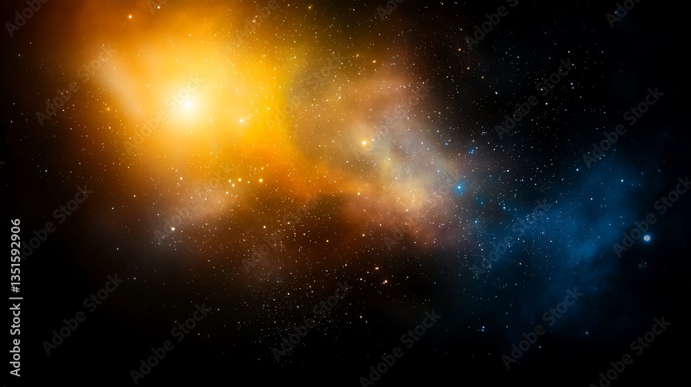 Fototapeta premium A cosmic scene of nebulae, stars, and celestial dust in shades of orange and blue against a dark backdrop