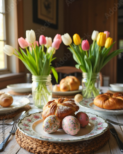 A cozy, sunlit kitchen table set for Easter with tulips, braided bread, and pastel-colored eggs.