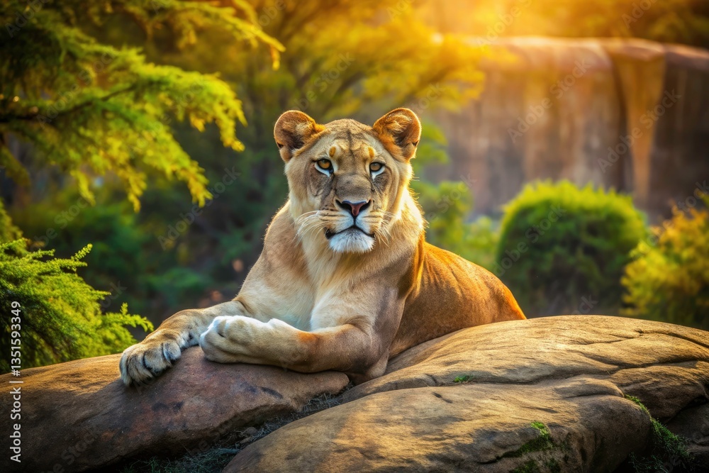 Naklejka premium Panoramic Lioness Zoo Enclosure Resting - Sunny Day Wildlife Photography