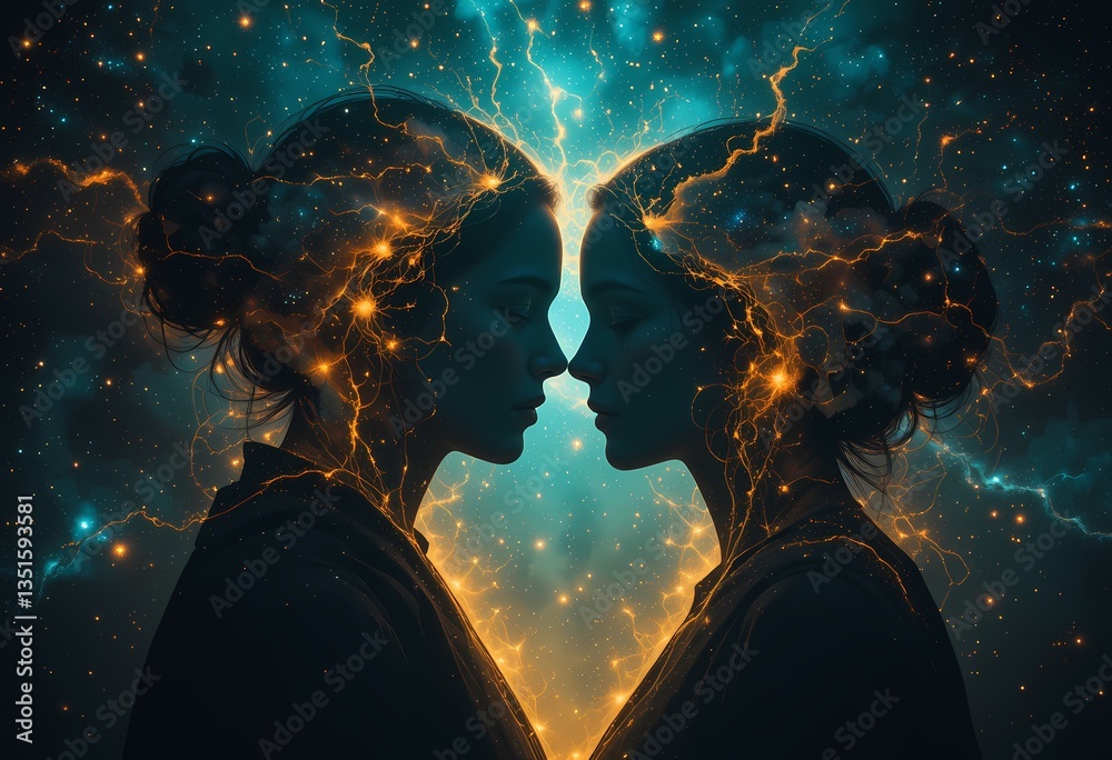 Fototapeta premium Mystical twin women, cosmic energy, connection