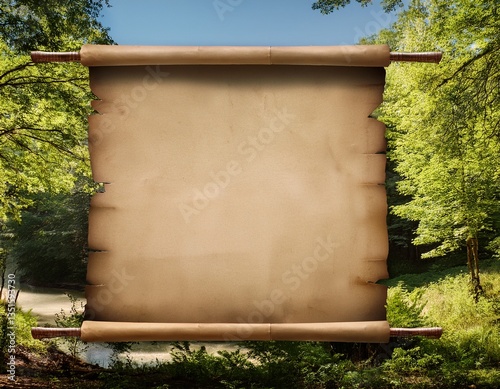 old banner paper poster stretched on a frame of trees copy space for design and simulations