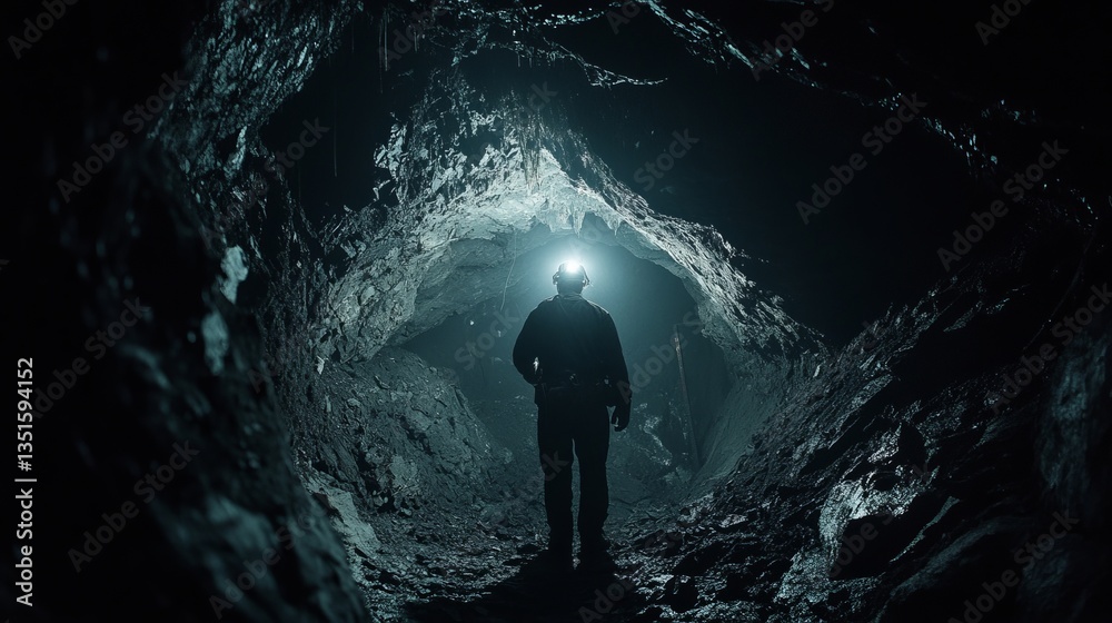Obraz premium A miner working deep underground with a headlamp.