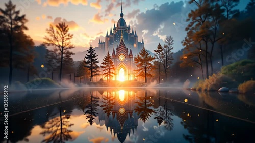 Fantasy Castle Reflected In Lake At Sunset Surrounded By Trees With Glowing Light