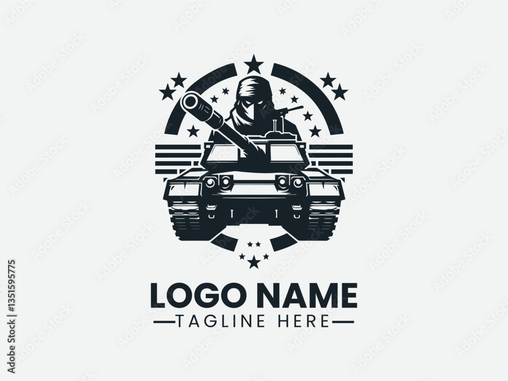 Fototapeta premium tank with soldier silhouette, encircled by stars. Military logo