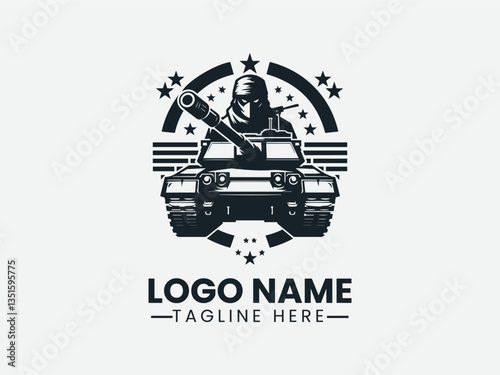 tank with soldier silhouette, encircled by stars. Military logo
