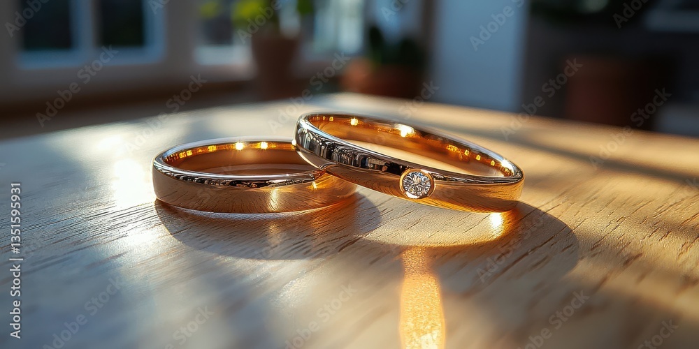 Fototapeta premium Celebrate love with gold wedding rings! This couple's marriage ceremony marks their engagement, exchanging beautiful gold bands as jewelry, symbolizing their love.