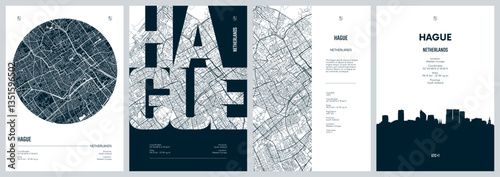Set of travel posters with Hague, detailed urban street plan city map, Silhouette city skyline, vector artwork