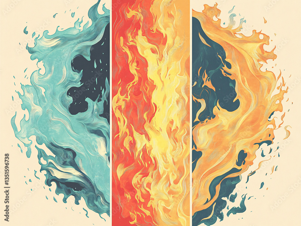 abstract vertical illustration of intertwined fire and water elements with flowing motion and high contrast, stylized energy concept showing duality and fluid textures in dynamic graphic art