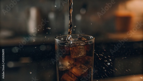 a refreshing drink with ice cubes being poured into a glass